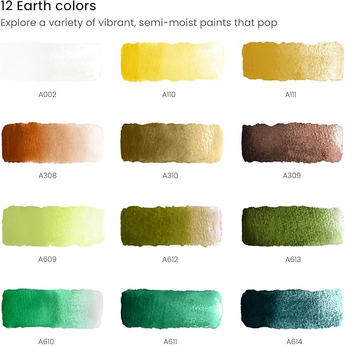 ARTEZA Watercolor Paint Set, 12 Earth Tone Half Pans, Portable Travel Watercolor Set with Refillable Water Brush and Metal Tin for Landscapes, Nature Studies, and Outdoor Painting