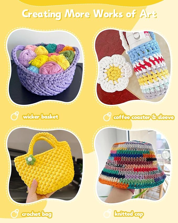 Katech 4 Pack 100g T Shirt Fabric Yarn Kit for DIY Hand Knitting, 130 Yds Spaghetti Yellow Crochet Cloth for Crocheting Bag, Basket & Blanket With 2 PCS Ergonomic Hooks