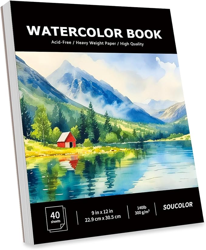 soucolor watercolor paper pad, 9"x12" water color paper, 140lb/300gsm 40 sheets artist painting drawing paper book, art supplies for adults, watercolor paint set, sketchbook, journal, notebook