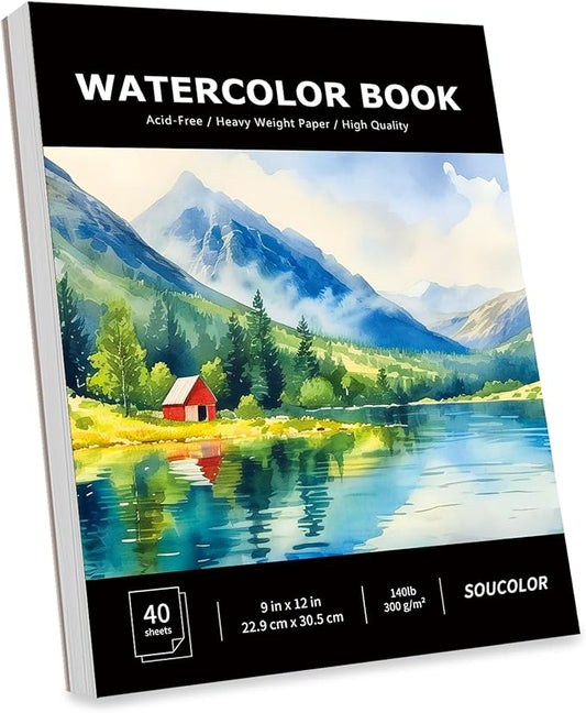 soucolor watercolor paper pad, 9"x12" water color paper, 140lb/300gsm 40 sheets artist painting drawing paper book, art supplies for adults, watercolor paint set, sketchbook, journal, notebook