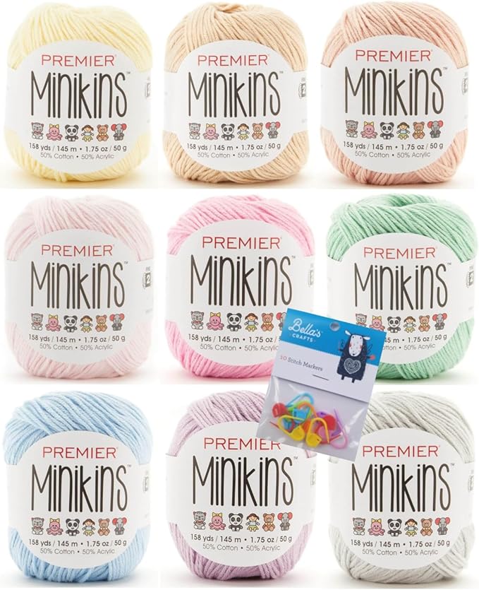 Premier Minikins Yarn 9-Pack Bundle with Bella's Crafts Stitch Markers (Pastels)