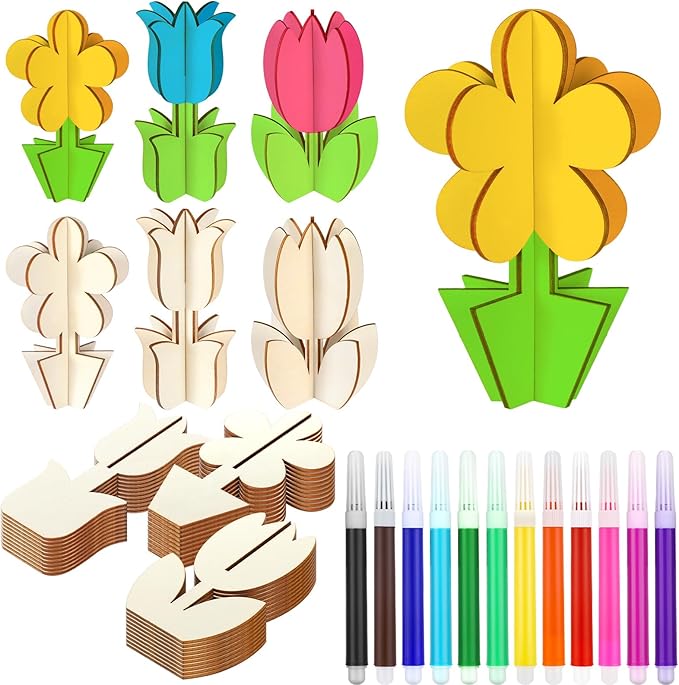 Blosssound 48 Pcs Spring Craft Set 36 Pcs 3D Wooden Flower Cutouts Wood Unfinished Tulip Slices to Paint with 12 Colored Markers for DIY Mother's Spring Crafts Handmade Table Tiered Tray Decor
