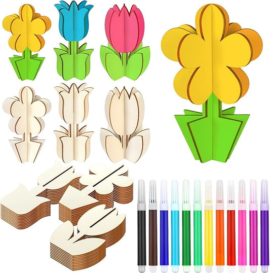 Blosssound 48 Pcs Spring Craft Set 36 Pcs 3D Wooden Flower Cutouts Wood Unfinished Tulip Slices to Paint with 12 Colored Markers for DIY Mother's Spring Crafts Handmade Table Tiered Tray Decor