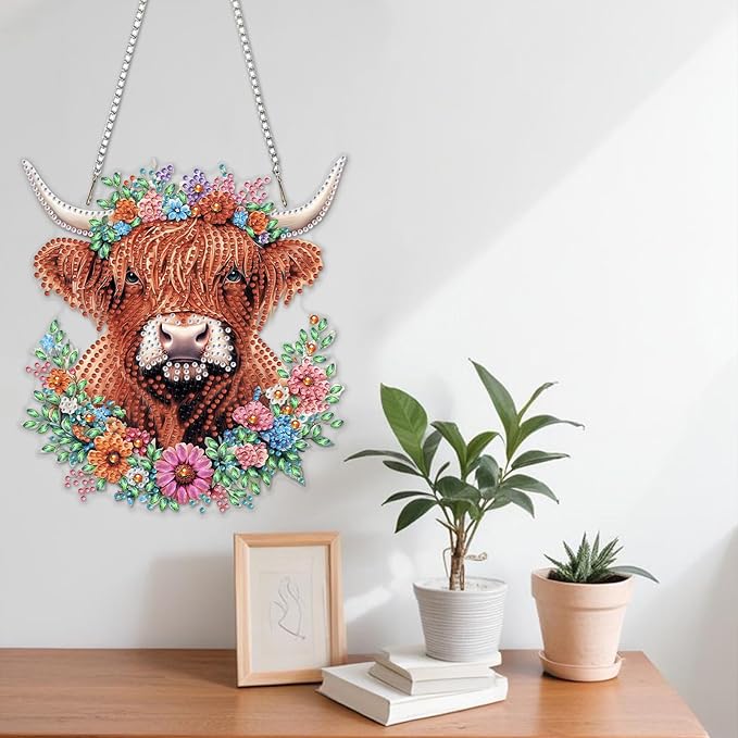 NAIMOER Diamond Art Hanging Kits for Adults Cow 5D Special Shaped Rhinestone, DIY Acrylic Diamond Art Painting Window Pendants Home Garden Wall Hanging Ornament Kits, Double Sided
