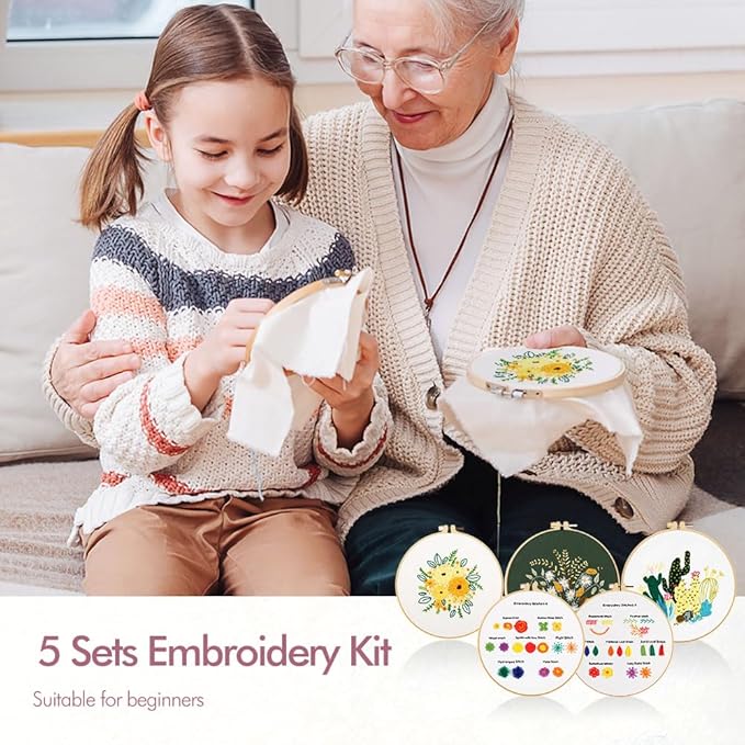 4 pack embroidery kit for beginners adults diy starter kit, cross stitch kits with flower stamped patterns, embroidery hoop, tools,colorful threads,step by step instructions,hand craft lover gift