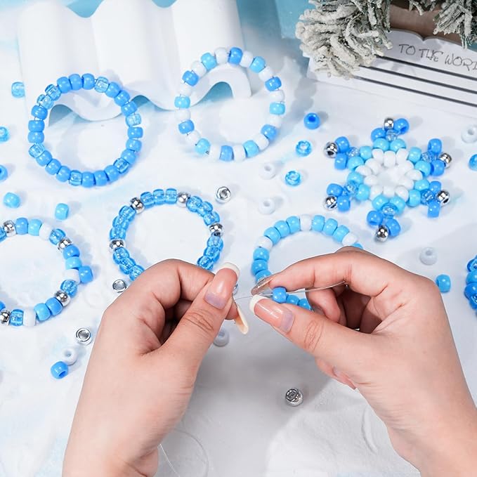 1000PCS Ocean Pony Beads Bulk – 6x9mm White, Silver Blue Glitter Kandi Beads for Bracelets, Jewelry, Hair Braids, Holiday Crafts & DIY Decorations