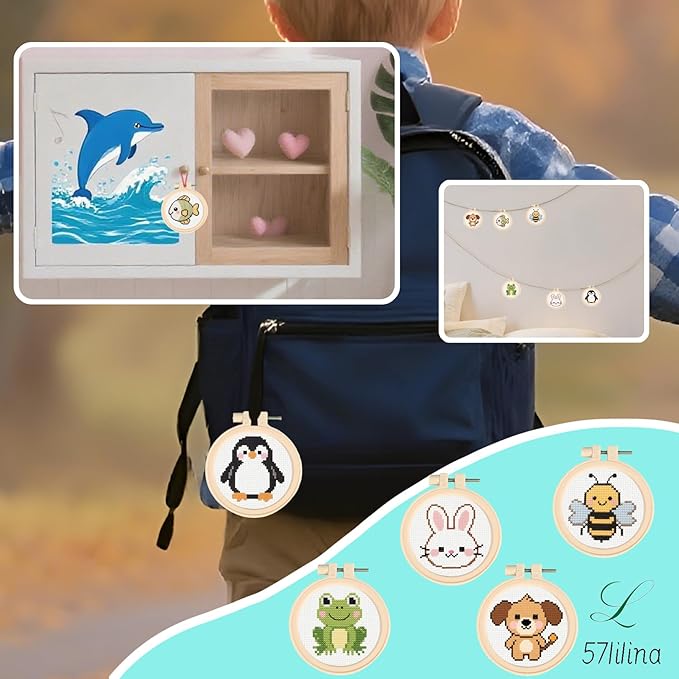 57lilina Cross Stitch Kits for Kids - 6 Set Easy Beginners Embroidery Kit for Kids, DIY Cute Pre Printed Stamped Crossstitch Needlepoint Patterns Craft for Backpack Charms, Keychains & Girls Gifts