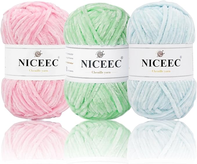 NICEEC 3 Skeins Soft Chenille Yarn Assorted Colors Blanket Yarn for Knitting Fancy Yarn for Crochet Weaving DIY Craft Total Length 3×85m (3×93yds, 3×50g)_Pink-Blue-Green
