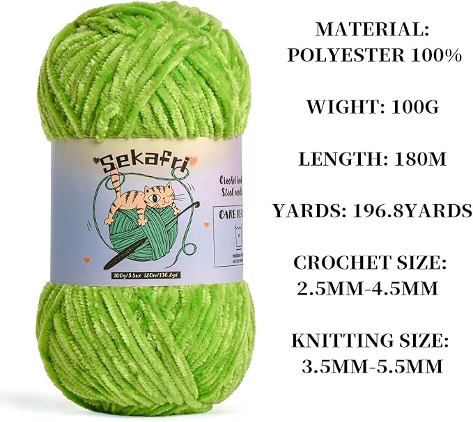3 Pack of 300g (590yds) Fuzzy Chenille Yarn for Crocheting,Fluffy Amigurumi Crochet Yarn for DIY Craft/Hat/Clothes, Soft Velvet Baby Blanket Yarn（3 Lime Green）