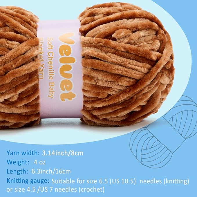 Velvet Yarn Chenille Yarn for Crocheting and Knitting Soft Chenille Bulky Baby Blanket Yarn DIY Weaving Craft 2pack Dark Brown(4oz 66yds Each)