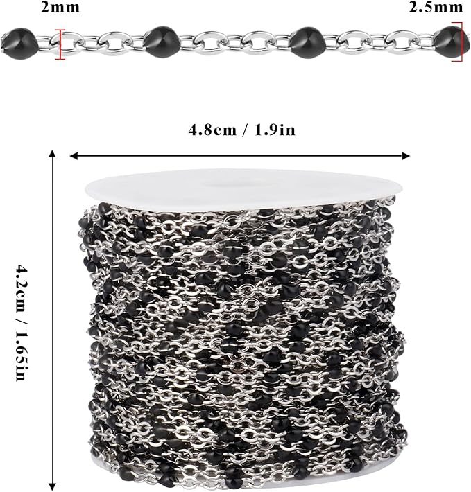 33 Feet Stainless Steel Enamel Chains Bulk, 2mm 304 Stainless Steel Black Enamel Beaded Cable Link Chain Roll Spool for Jewelry Making
