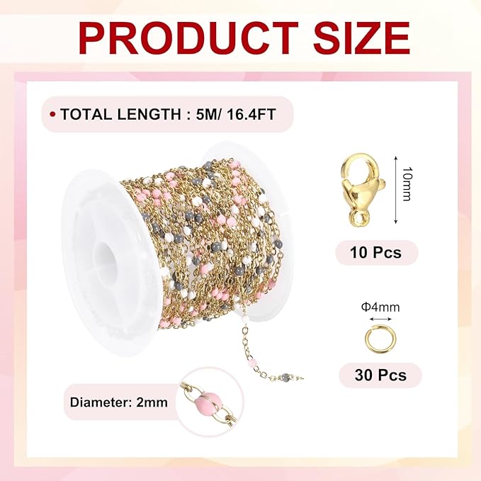 MECCANIXITY Stainless Steel Bead Chain, 16.4 Feet/5M Enamel Beaded Jewelry Link Cable Chains Spool Kit for Jewelry Making, Necklace, Bracelets, DIY Crafts (Gold/Grey White Pink, Pack of 1)