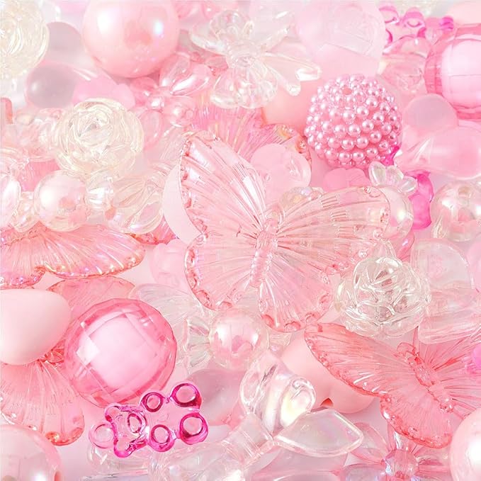 FASHEWELRY Pink Acrylic Pony Beads Assorted Heart Candy Flower Bear Beads Gummy Cute Pastel Bead Bulk for Bracelets Necklaces Key Chains Jewelry Making, 70pcs
