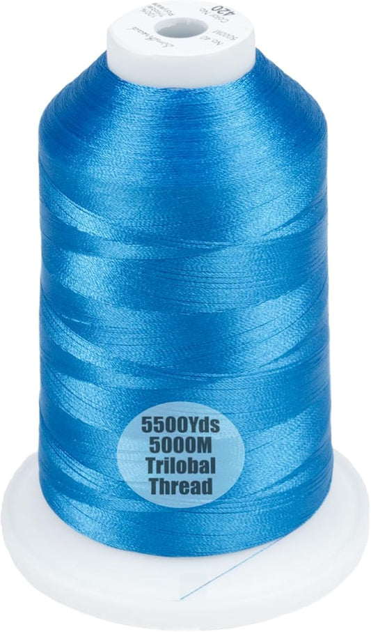 Simthread Trilobal Polyester Thread – 5000M (5500yds) No.40 – Super Sheen, Tangle-Free – Built-in Thread Lock Spool – Compatible with Brother, Singer, Janome & More, Electric Blue-420