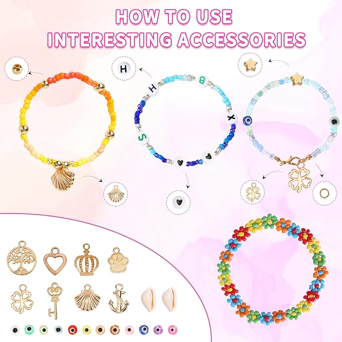 QUEFE 36000pcs 3mm Glass Seed Beads120 Colors Bracelet Making Kit Friendship Bracelet Kit with Letter Beads Accessories Charms and Pendants Kit for Necklaces Making, DIY, Gift, Craft