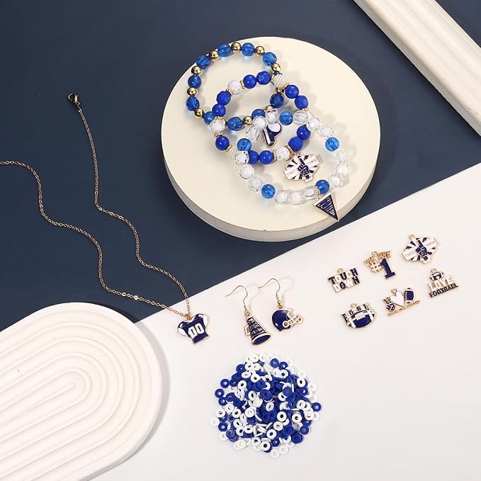 3000PCS+ Game Day Beads for Bracelets Making Blue White Clay Heishi Beads Pearl Acrylic Letter Bead Enamel Football Charms for Bracelet Earrings Necklace Making DIY Game Day Accessories (Blue White)