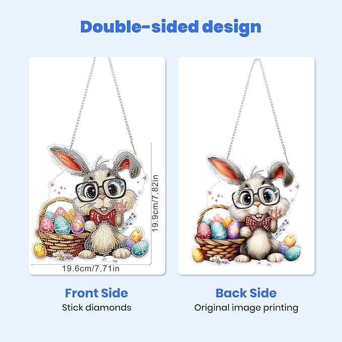 MXJSUA Happy Easter Bunny Diamond Art Hanging Kits for Adults Beginners, Crystal Diamond Suncatchers, Special Shape Diamond Painting Pendant Window Ornament Gifts for Home Garden Door Wall Decor