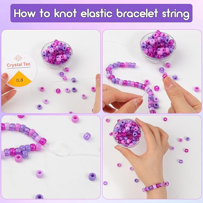 1200Pcs Friendship Bracelet Bead, 6x9mm Pony Beads for Jewelry Making, 5 Style Purple Colors Kandi Beads Bulk, Hair Bead for Braids with Stretch Cord and Scissors