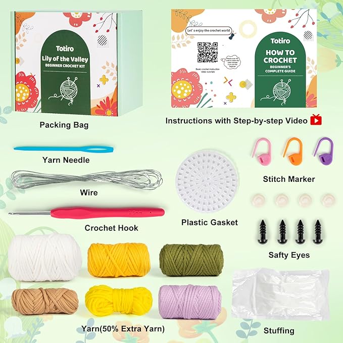 Totiro Crochet Kit for Beginners, Potted Flower Amigurumi Starter Kit, Easy DIY Arts & Craft Set with Step-by-Step Video Tutorials, Crochet Pattern Learning Kit for Teens Adults Birthday Gift