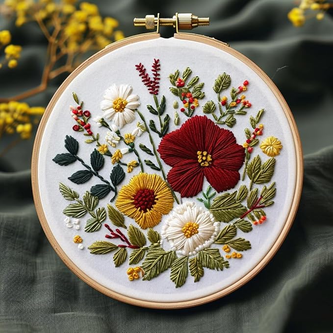 bonroy embroidery kit for beginners with instructions,cross stitch kits for adults with pattern,needlepoint kits for adult include embroidery cloth hoops needles threads (flowers2)