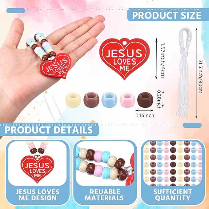 Ferreve 24 Sets Easter Boho Religious Beaded Necklace Crafts Kit DIY Jesus Loves Me Heart Bead Craft Bible Christian Necklace Making Kit Bulk for Easter Sunday School Vbs Gifts