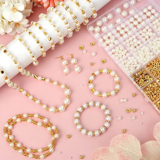 1352 Piece Gold Spacer and Pearl Beads for Bracelets, Assorted Gold and Pearl Beads for Jewelry Making
