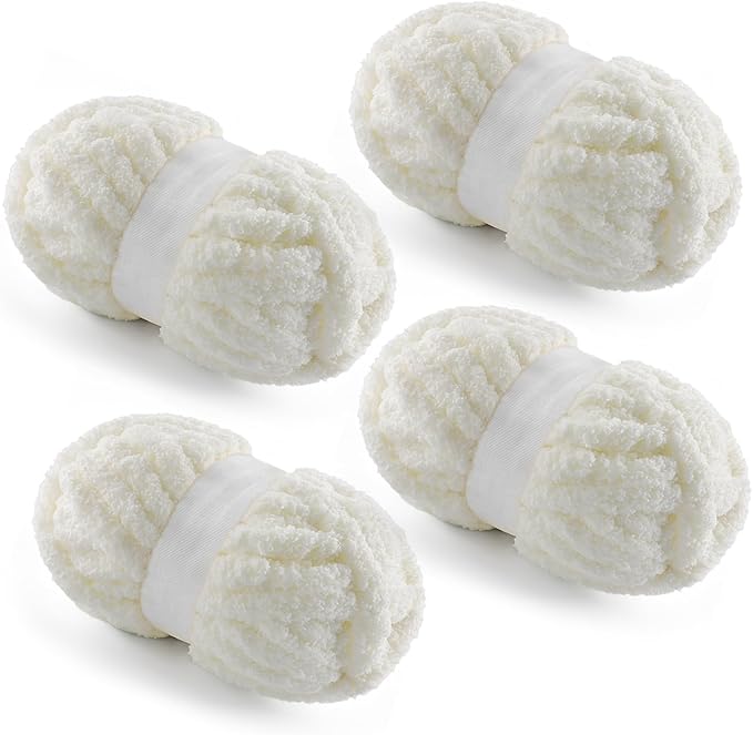 4 Pack Chunky Yarn for Hand Knitting - Chunky Chenille Blanket Yarn for Crocheting - Jumbo Fluffy Yarn for Crochet - Super Bulky Yarn 25 yds 7.7 oz Each Skein (Milky White)