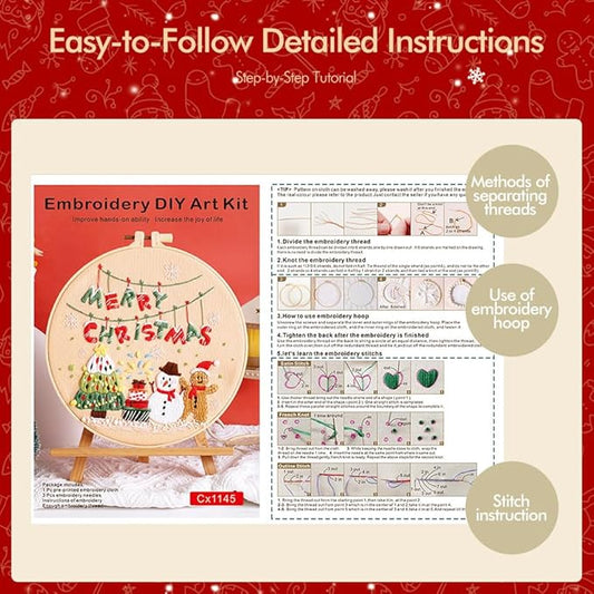 christmas embroidery kits: 1 pack cross stitch kit for beginners adults, diy ornaments craft kit with all tools & instructions, stamped hand embroidery starter kit for holiday crafts & xmas home decor