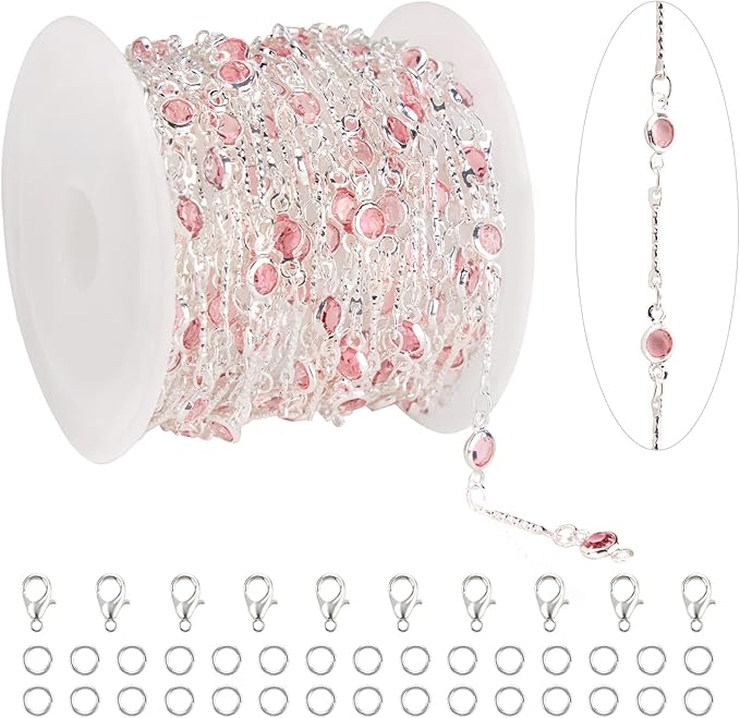 KYUNHOO 16.4 Feet Pink Rhinestone Bead Jewelry Chain Roll Stick Links Silver Chains for Jewelry Making with Connectors DIY Handcrafts