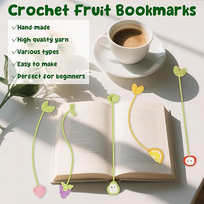 WaldyWop Crochet Kit for Beginners: 5 PCS Fruit Bookmarks Crochet Kits w/ 40% Extra Yarn, Accessories - Easy Video Tutorials & Instructions for Starter Adults - DIY Christmas Gift Set for Her Women