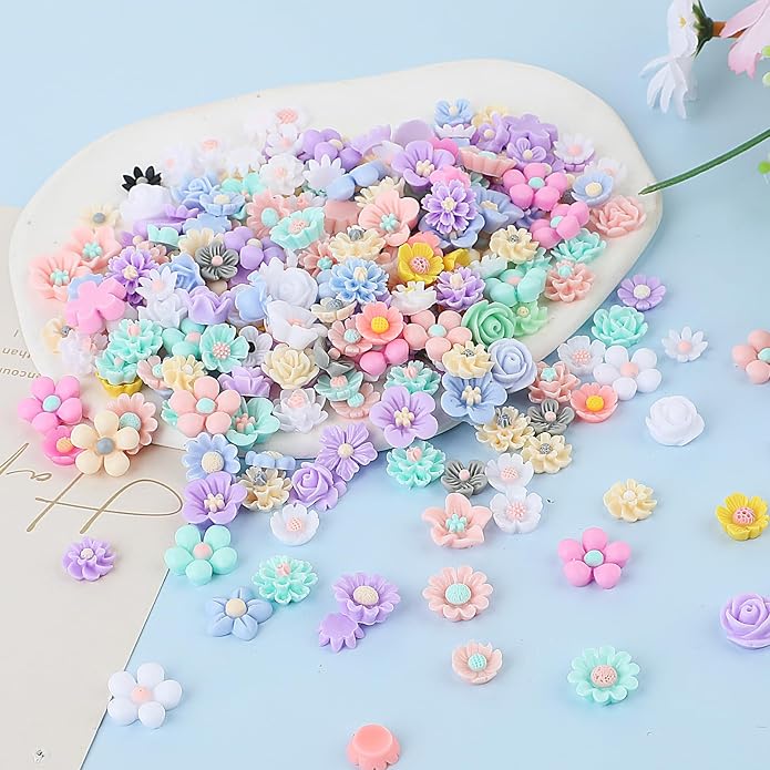 300PCS Flower Resin Charms Mini Cabochons Flatback Flower Beads Charms Mixed Colors Embellishment Tiny Flowers for Jewelry Making DIY Craft Scrapbooking Decor Cardmaking Phone Hair Accessories