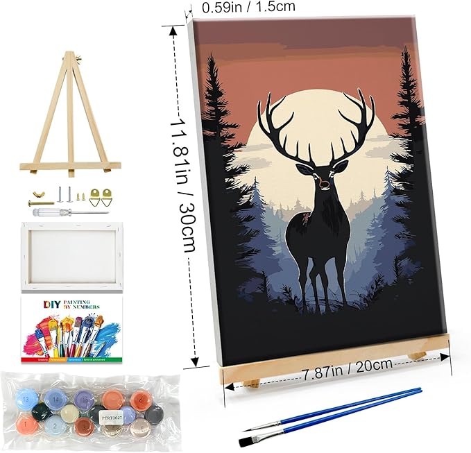JOOZ Paint by Numbers Kit for Adults Framed Deer Paint by Number with Easel Moon Adult Paint by Number Kits Framed Canvas DIY Forest Oil Painting Kits for Home Wall Decor 8x12 Inch