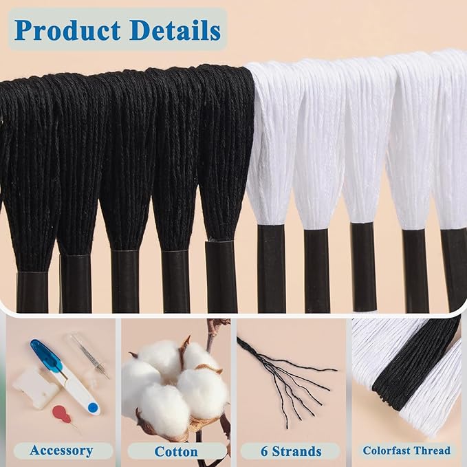 Friendship Bracelet String, 24 Skeins Black and White Cross Stitch Thread, 344.5 Inch Cotton Embroidery Floss, Hand Embroidery Thread Tools are Ideal for DIY Sewing and Embroidery Crafts Making