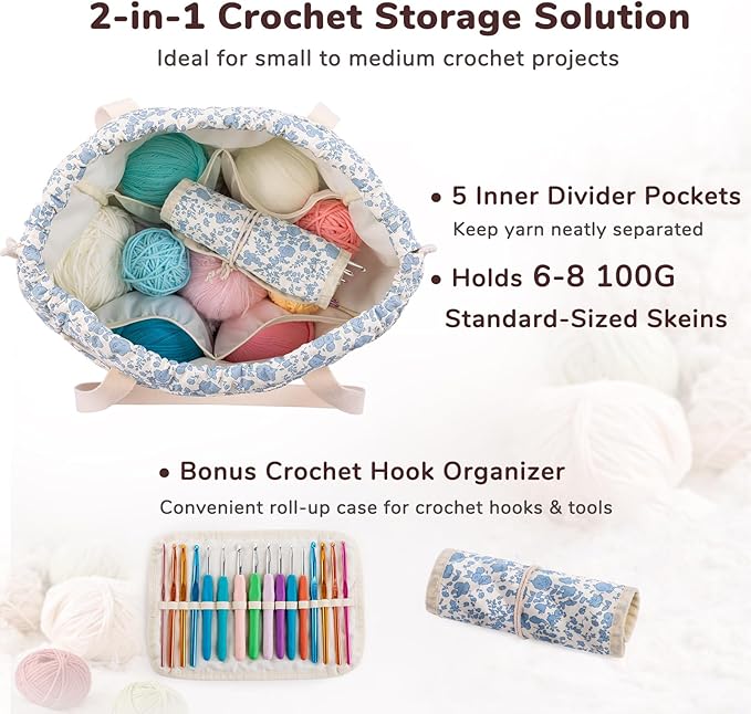 MYBAGZING Portable Crochet Bag Organizer with Crochet Hook Organizer Roll, Quilted Yarn Storage Tote with Grommets, Knitting Project Bag for Yarn & Accessories, Floral Craft Tote Gift for Crocheters