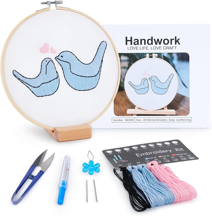 Embroidery Kit for Adult Beginners, Small Birds Embroidery Kit with Step-by-Step Instructions and Video, Printed Cloth, 7.87" Hoop, Display Stand, Color Threads and Tools for Craft Lover(BED005)