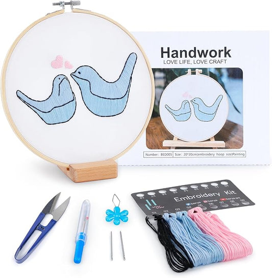 Embroidery Kit for Adult Beginners, Small Birds Embroidery Kit with Step-by-Step Instructions and Video, Printed Cloth, 7.87" Hoop, Display Stand, Color Threads and Tools for Craft Lover(BED005)