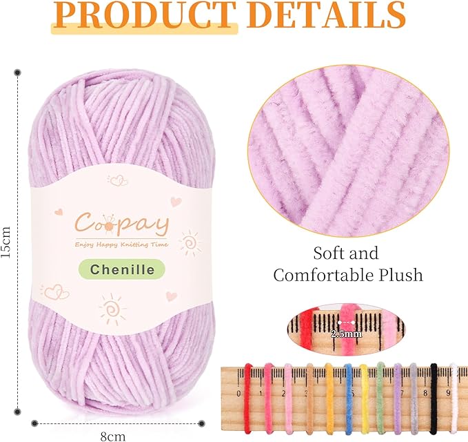 Coopay Skinny Chenille Yarn for Crocheting and Knitting, 12 Pack of 50g/1.76oz-1764yd Total, Soft Velvet Yarn of Baby Weights - Suitable for Baby Blankets, Plush Toys - Super Soft (Purple Gradient)