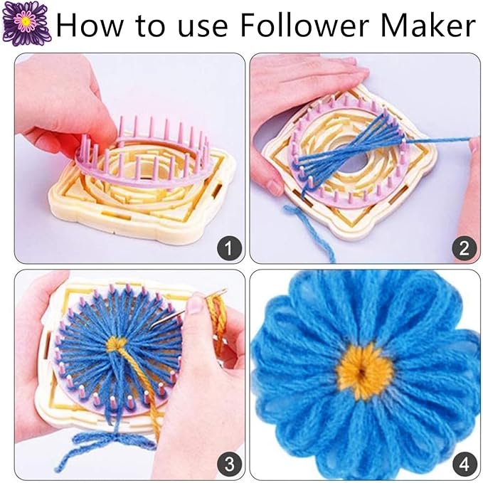 Knewmart Weaving Loom Kit, 8pcs Flower Maker Wool Knitting Ball Maker Weaving Tools Knitting Craft Weaver Loom - with Needle (Flower Maker + Yarn +Scissors)