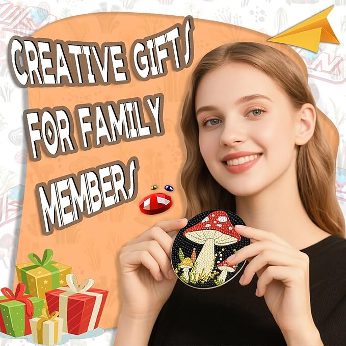 EWJRNSF 8 PCS 5D Diamond Painting Coasters Kits with Holder, Small Diamond Art Kits for Adults Beginners Diamond Dots Arts and Crafts Gems Supplies Item Mushroom Shaped