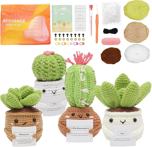 GONELYON Crochet Kit for Beginners, Beginner Crochet Starter Kit, 4 Pc Potted Plants Family Kits with Step-by-Step Video Tutorials, Learn to Crochet Kits for Adults and Kids