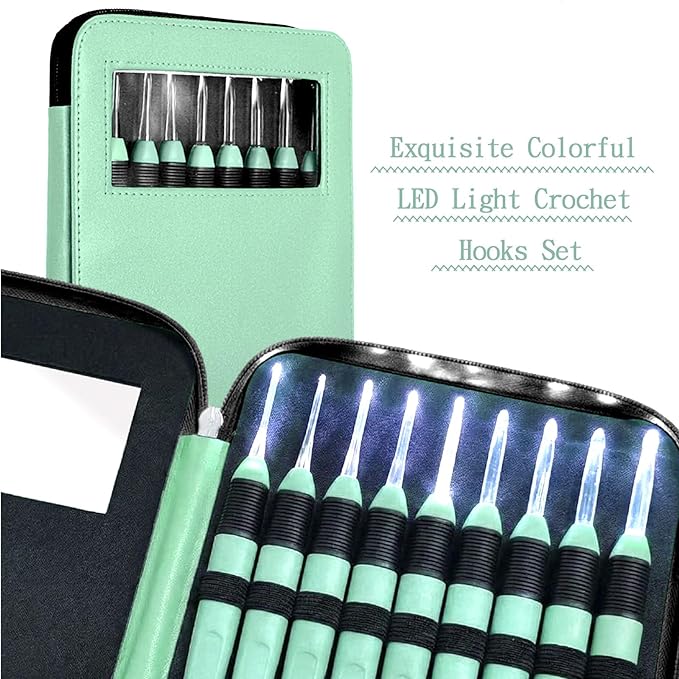 Chuangdi 9 Pieces Lighted Crochet Hooks with Case 9 Size LED Light Crochet Hooks Set Knitting Needles Craft Yarn Weaving Needles Comfortable Smooth Handle for Knitting, 2.5 mm-6.5 mm(Green)