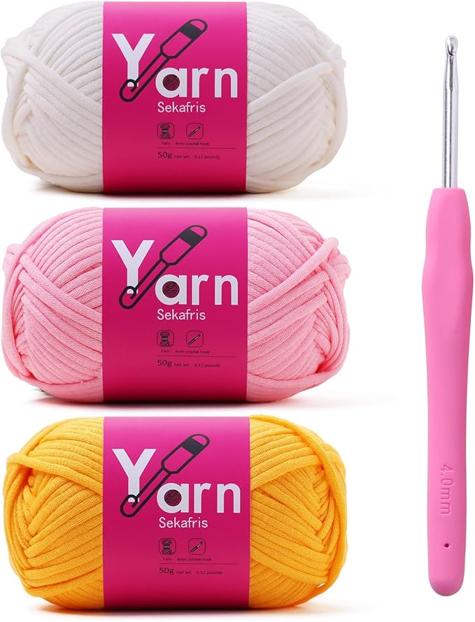 Crochet Yarn with Cotton - Chunky Yarn for Crocheting and Knitting - Easy-to-See Stitches - Golden Yellow, White, Pink