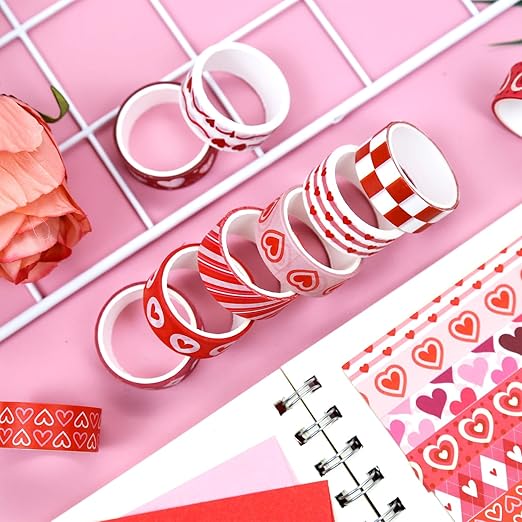 12 Rolls Love Heart Washi Tape Set, Pink Red Decorative Tape Valentine Stripe Dots Masking Tape for Journaling Supplies,Wedding Party,Junk Journal, Scrapbooking, Planner, DIY Arts & Crafts