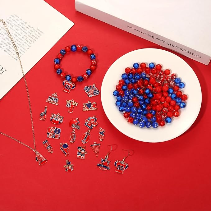 3000PCS+ Game Day Beads for Bracelets Making Red Black Clay Heishi Beads Pearl Acrylic Letter Bead Enamel Football Charms for Bracelet Earrings Necklace Making DIY Game Day Accessories (Red Blue)