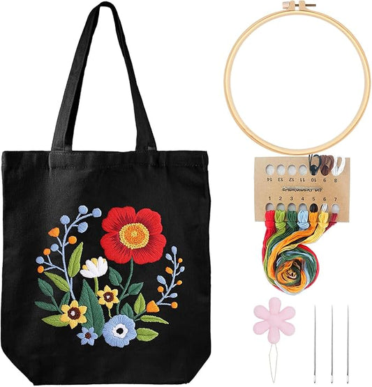 Louise Maelys Embroidery Kits Canvas Tote Bag for Beginners,Cross Stitch Kit for Adults,DIY Crafts and Arts Needlepoint with Florals Pattern,Women Shopping Reusable Grocery Bags