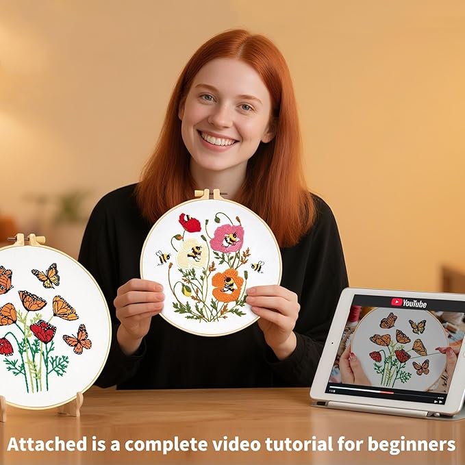 Flowers Embroidery Kits for Beginners Adults, Butterfly Hand Embroidery Starter Kits, Bee Cross Stitch Kits for Beginner Needlepoint DIY Kits for Adult, 2 Set Embroidery Hoops, Thread & Video Tutorial
