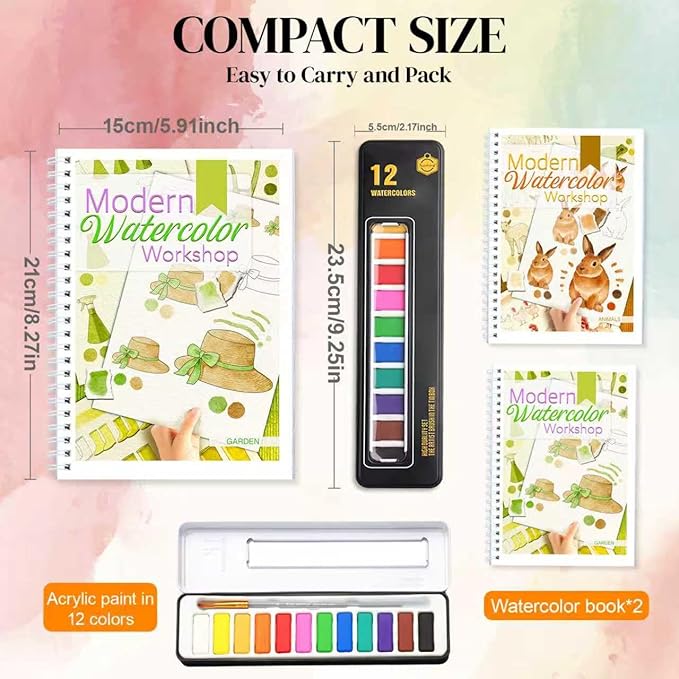 APOLYONE 2-Pack Beginner Watercolor Workbooks: 24 Coloring Pages + 12 Watercolor Paints + Brush – 300gsm/140lb Paper – Gift for Women, Adults & Beginners (Garden & Animals)