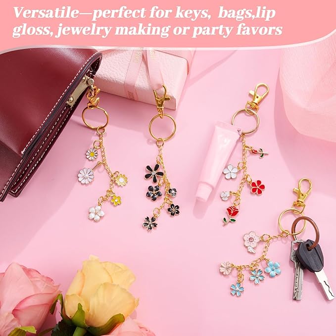 PYURTHITY 254 Pcs Flower Charms Lip Gloss Keychain Making Kit Include Colorful Floral Enamel Charms Keychain Clips Extender Chains Jump Ring Plier DIY Jewelry Crafts Gifts for Women Adults