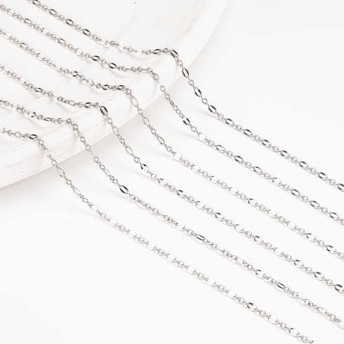 Kyutong 16.4 Feet Stainless Steel Cable Chain for Jewelry Making Thin Lip Links Chains Bulk with Connectors for Jewelry Crafts Supplies
