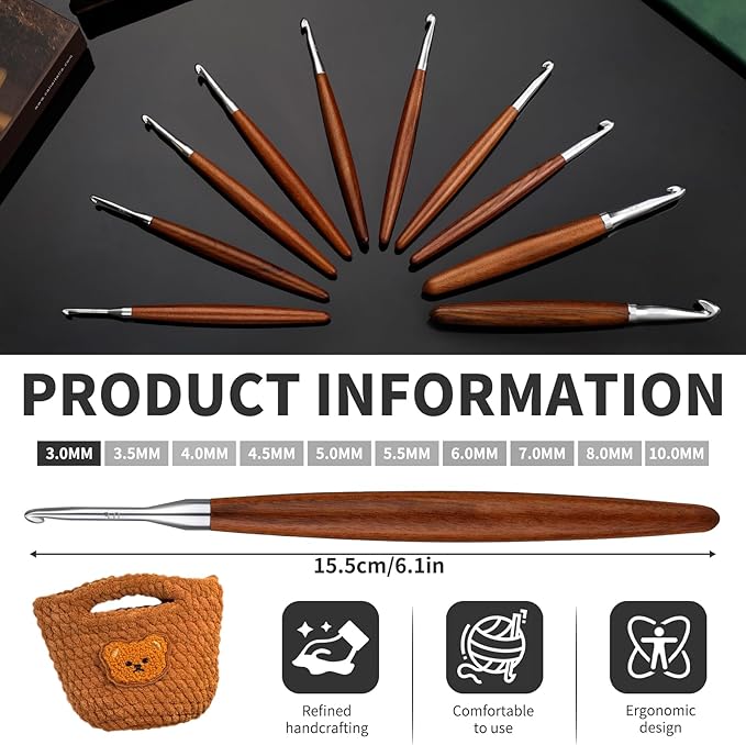 Lunarm 3mm Crochet Hook, Ergonomic Aluminum Crochet Hook with Wood Handle Available in 3mm-10mm for Arthritic Hands DIY Craft Knitting Dolls, Bouquets, Blankets, Hats, Gloves from Various Yarns